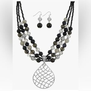 Mixed Glass Stone Beaded Statement Necklace and Earrings Silver/Gold Plated,New